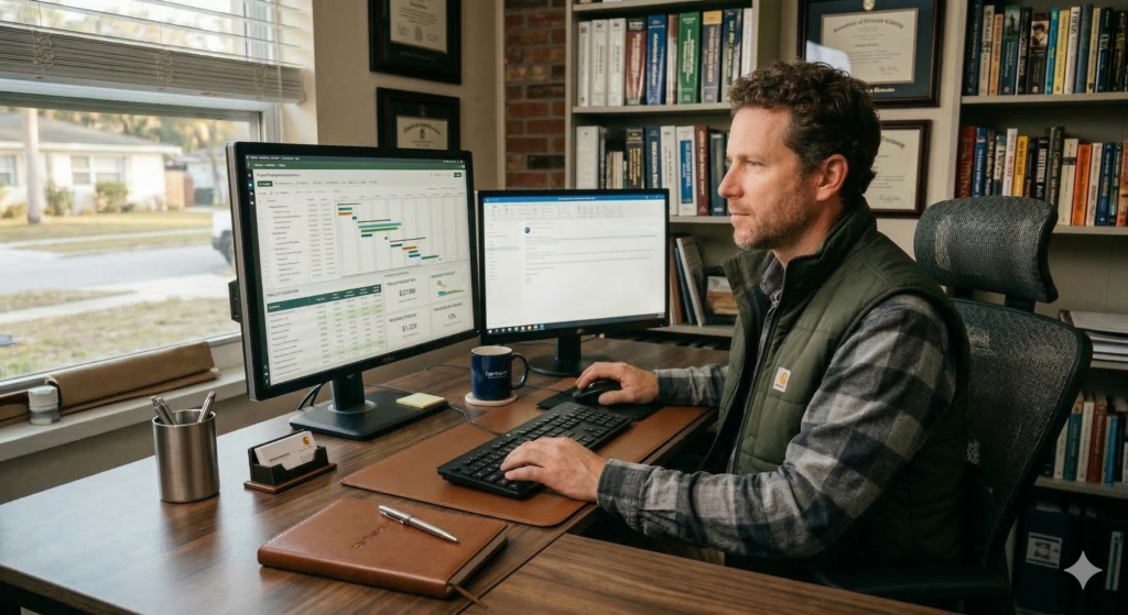 Contractor reviewing cash flow forecast on laptop — cash flow management for contractors
